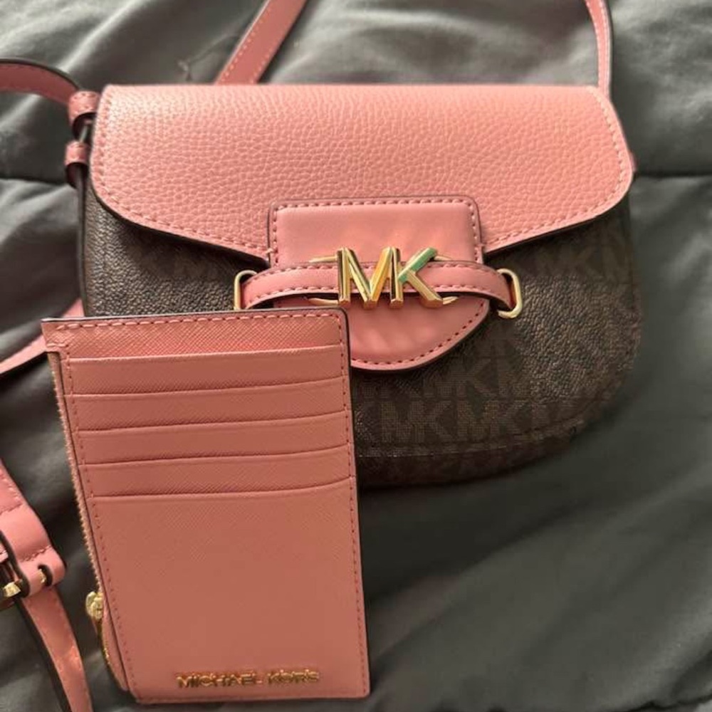 Michael Kors Pink and Brown Crossbody Bag with Card Holder